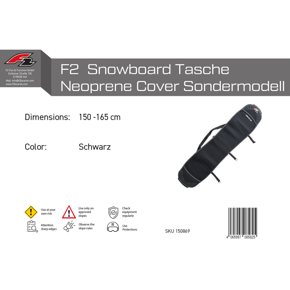 F2 Snowboard Tasche Neopren Cover S/M Sondermodell 150-165cm Schwarz