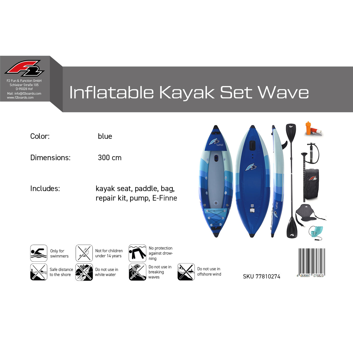 F2 Kajak Set Wave 1 Sitzer Aufblasbar 300cm Blau inkl. Elektro Finne