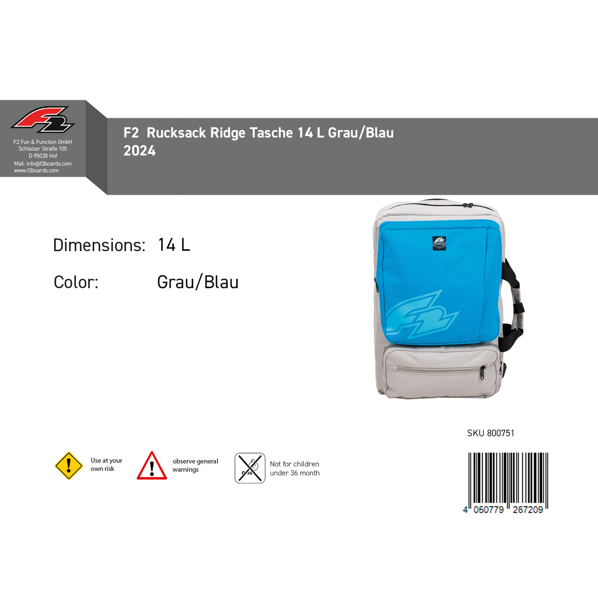F2 Rucksack Ridge Tasche 14 L Grau/Blau