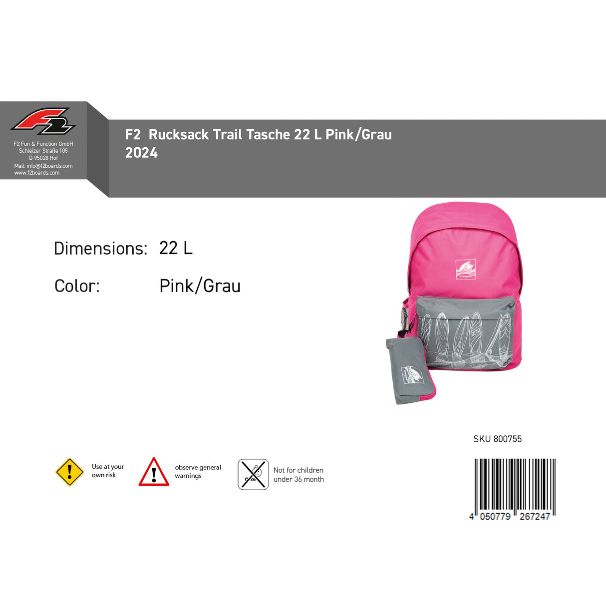 F2 Rucksack Trail Tasche 22 L Pink/Grau