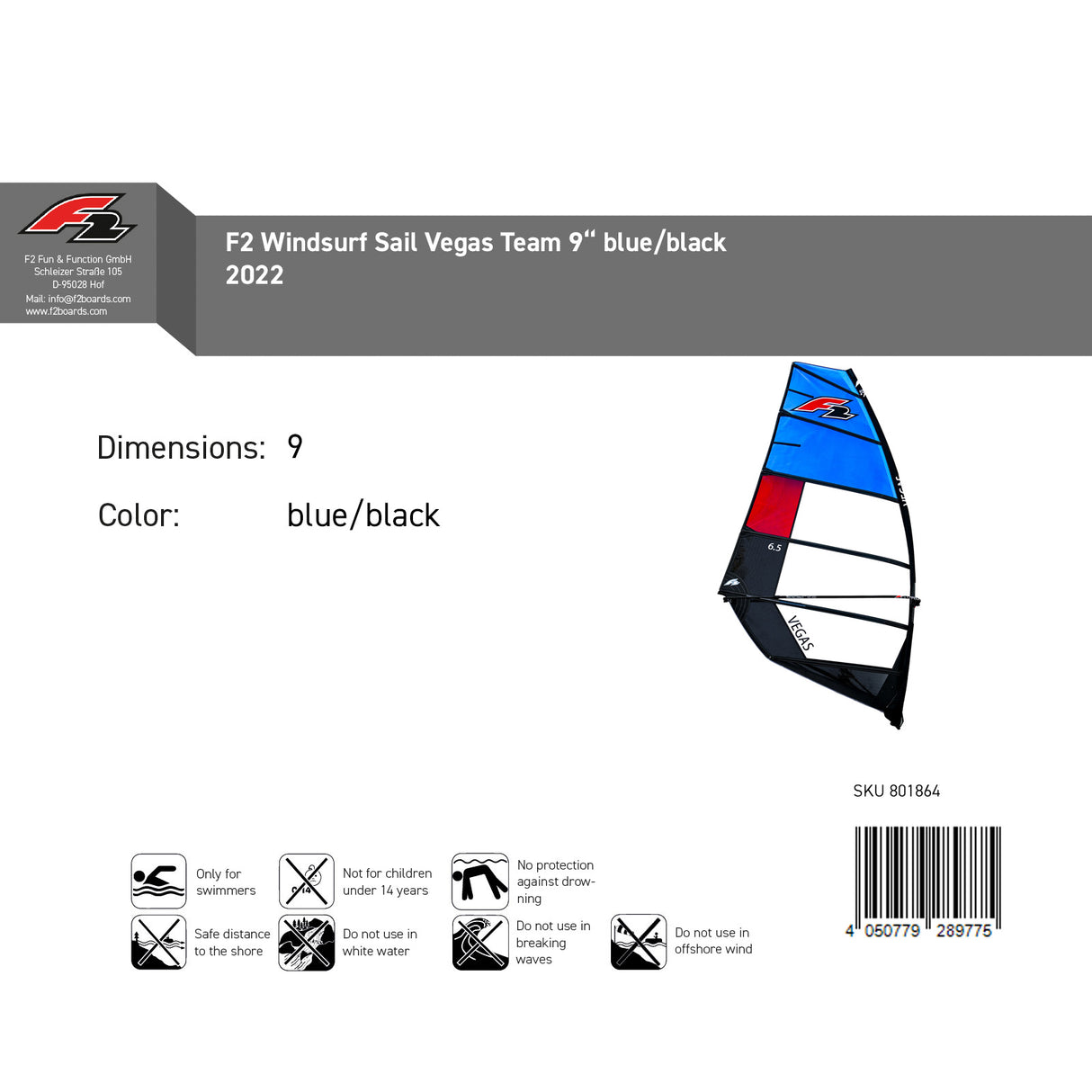 F2 Sale Windsurf Segel Vegas Team 9qm Blau/Schwarz Modell 2022 NEU Sail Only
