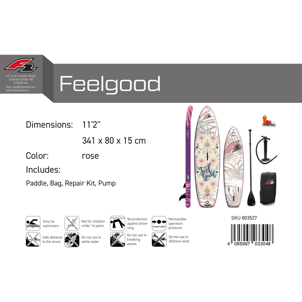 F2 Damen SUP Stand Up Paddle Board Feelgood 10'2''/11'2" wählbar Multicolor