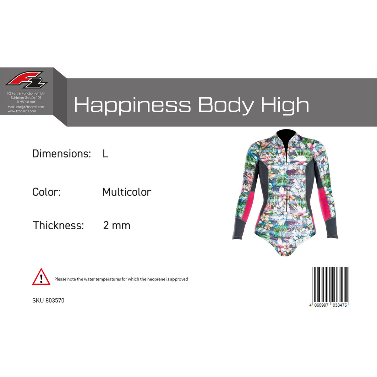 F2 Damen Neopren Anzug Happiness Body High 2 mm Größe wählbar Multicolor