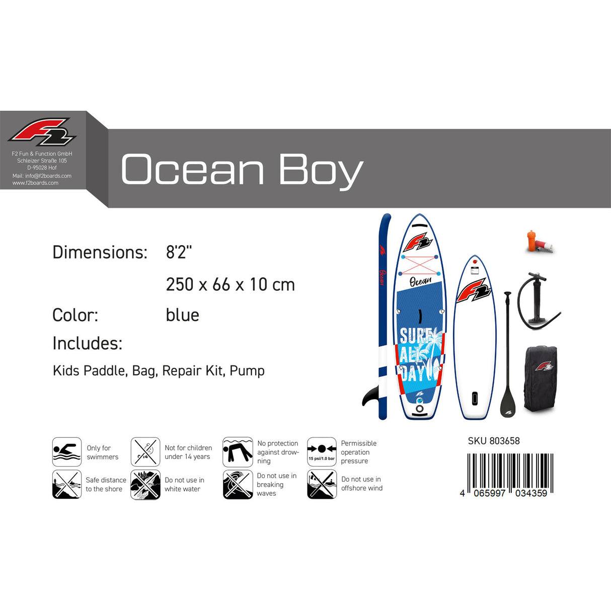 F2 Junior SUP Stand Up Paddle Board Ocean Boy 8'2''/9'2" wählbar Blau