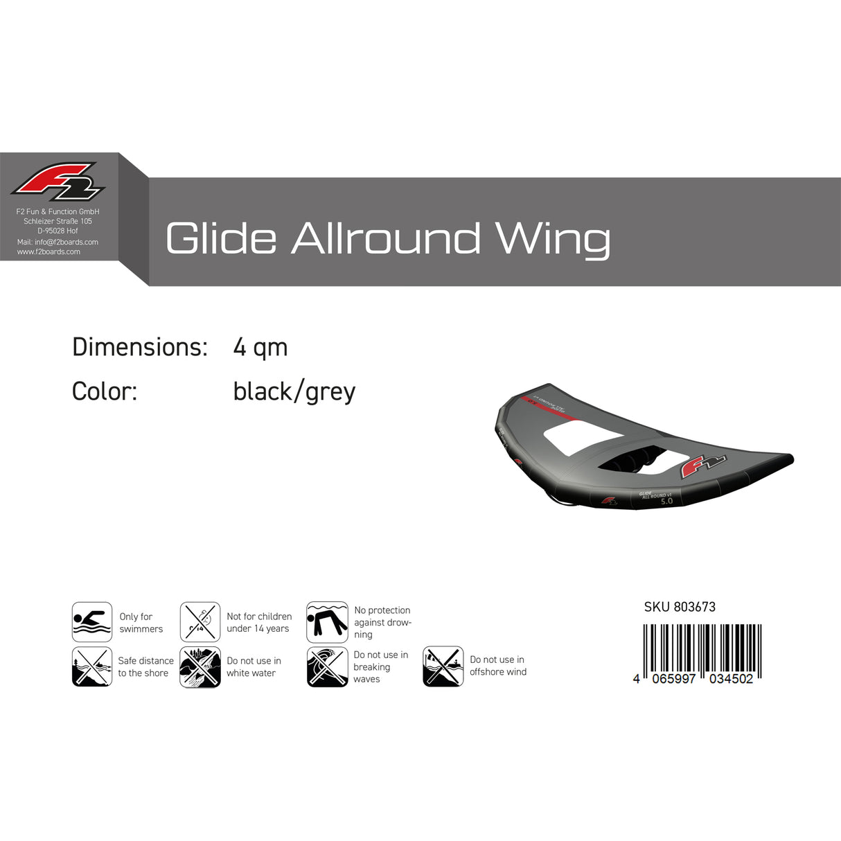 F2 Wing Glide Allround Wing 3-6qm Größe wählbar Schwarz/Grau