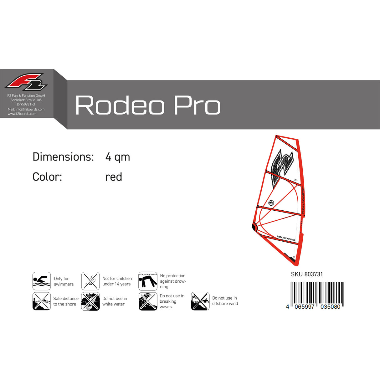 F2 Windsurf Segel Rodeo Pro 3,6-5,6qm Größe wählbar Rot