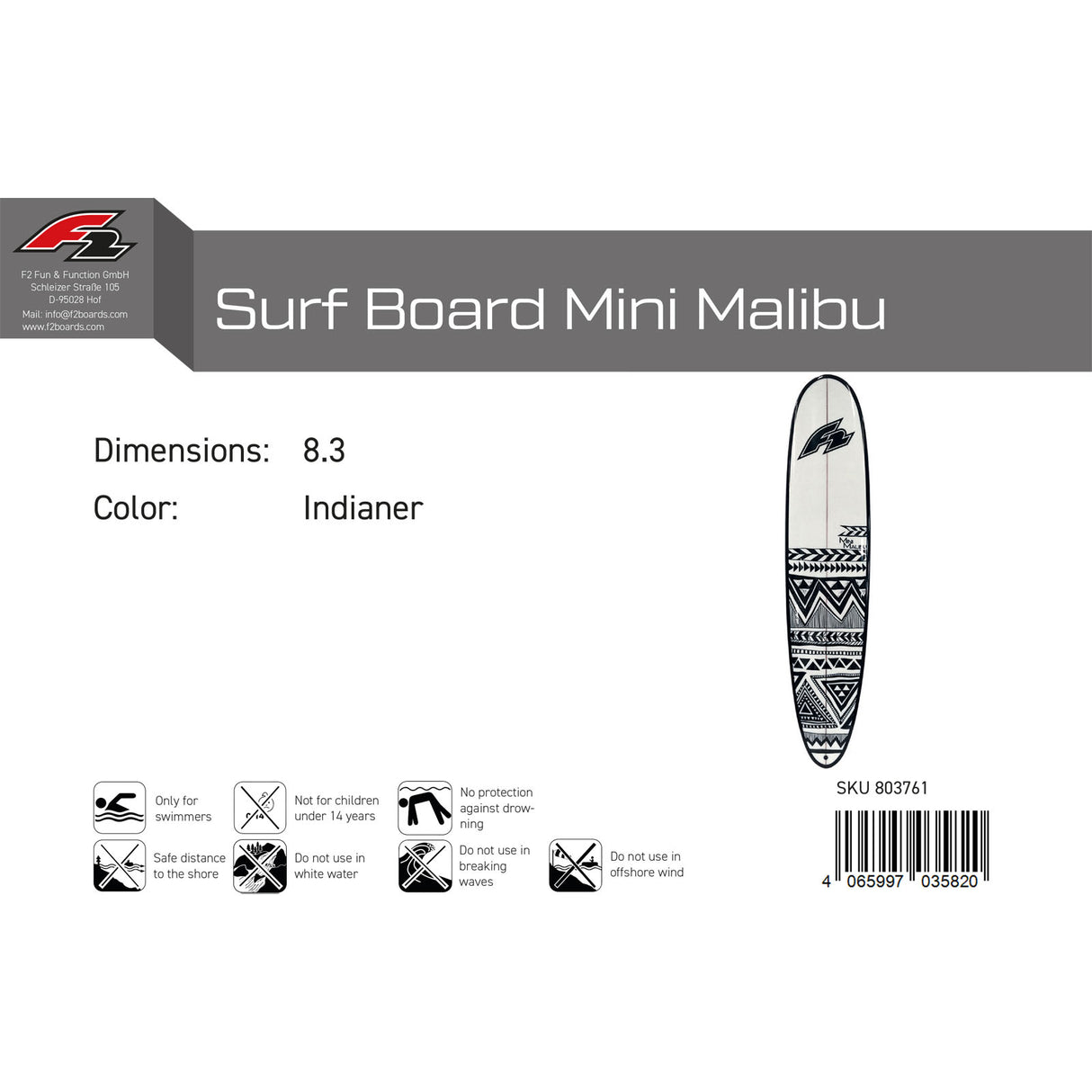 F2 Wellenreiter Surf Board Mini Malibu 8,3 Indianer