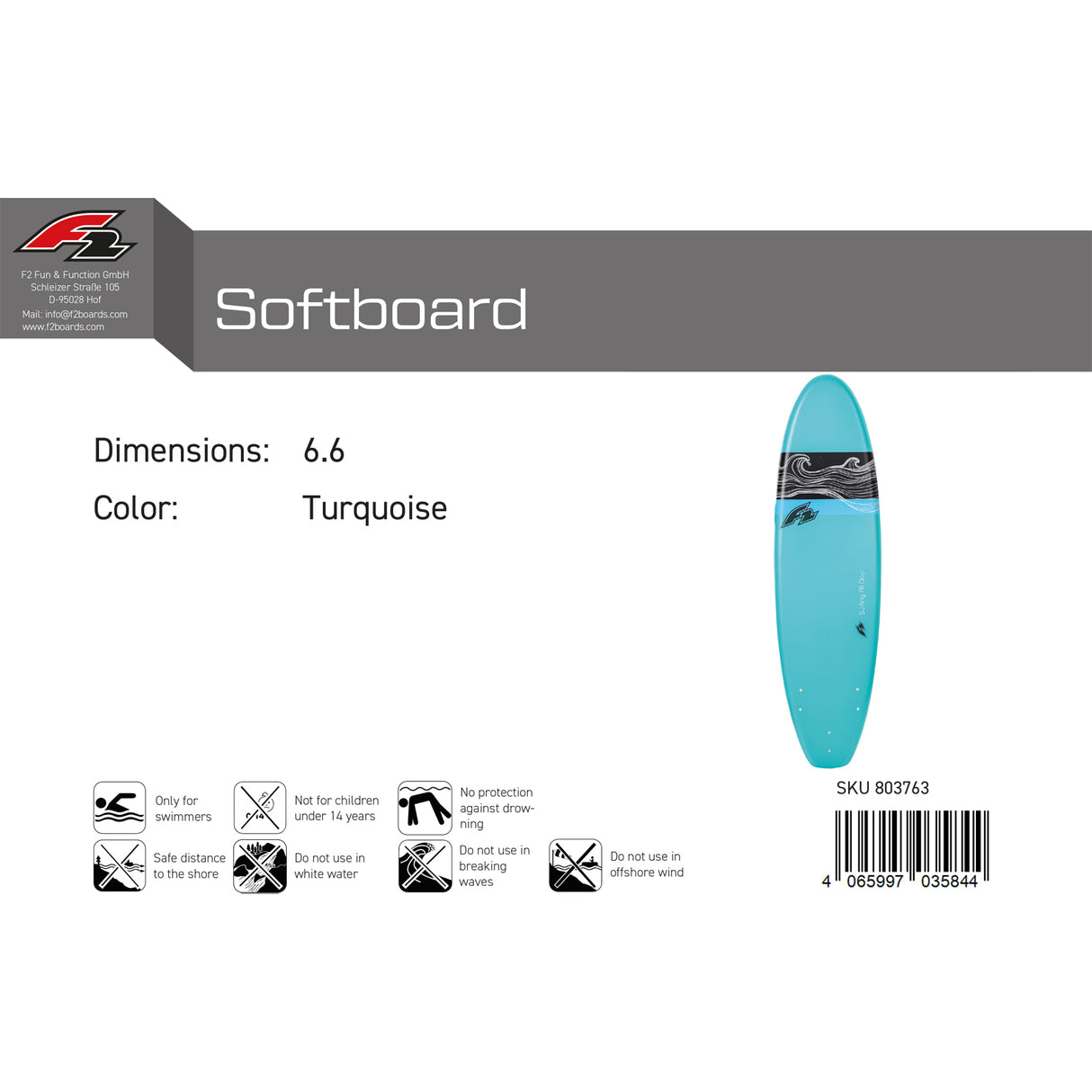 F2 Wellenreiter Softboard 6'6"/8'0" wählbar Türkis