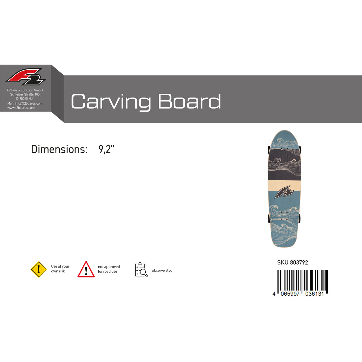 F2 Komplett Board Carving Board Skateboard Skate 9,0"/9,25" wählbar Blau