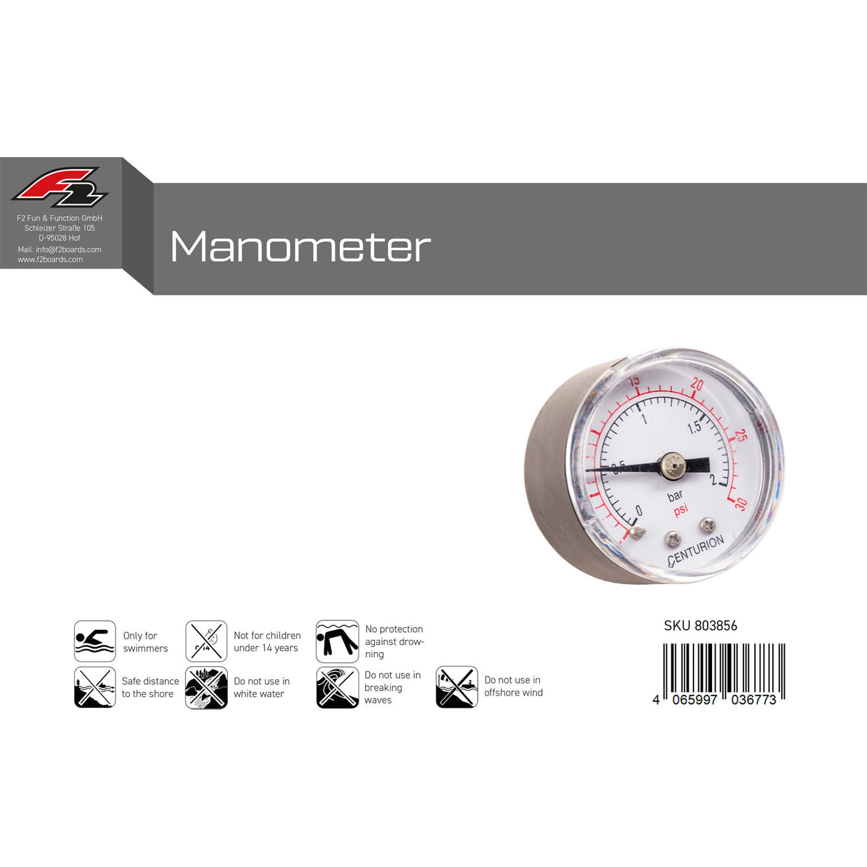 F2 Manometer SUP Druckmessgerät Schlauchboot SUP Zubehör Grau