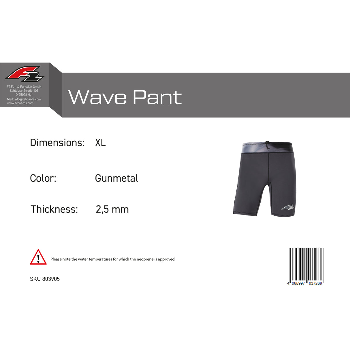 F2 Herren Neopren Hose Wave Pant 2,5mm XS-XXL Größe wählbar Anthrazit