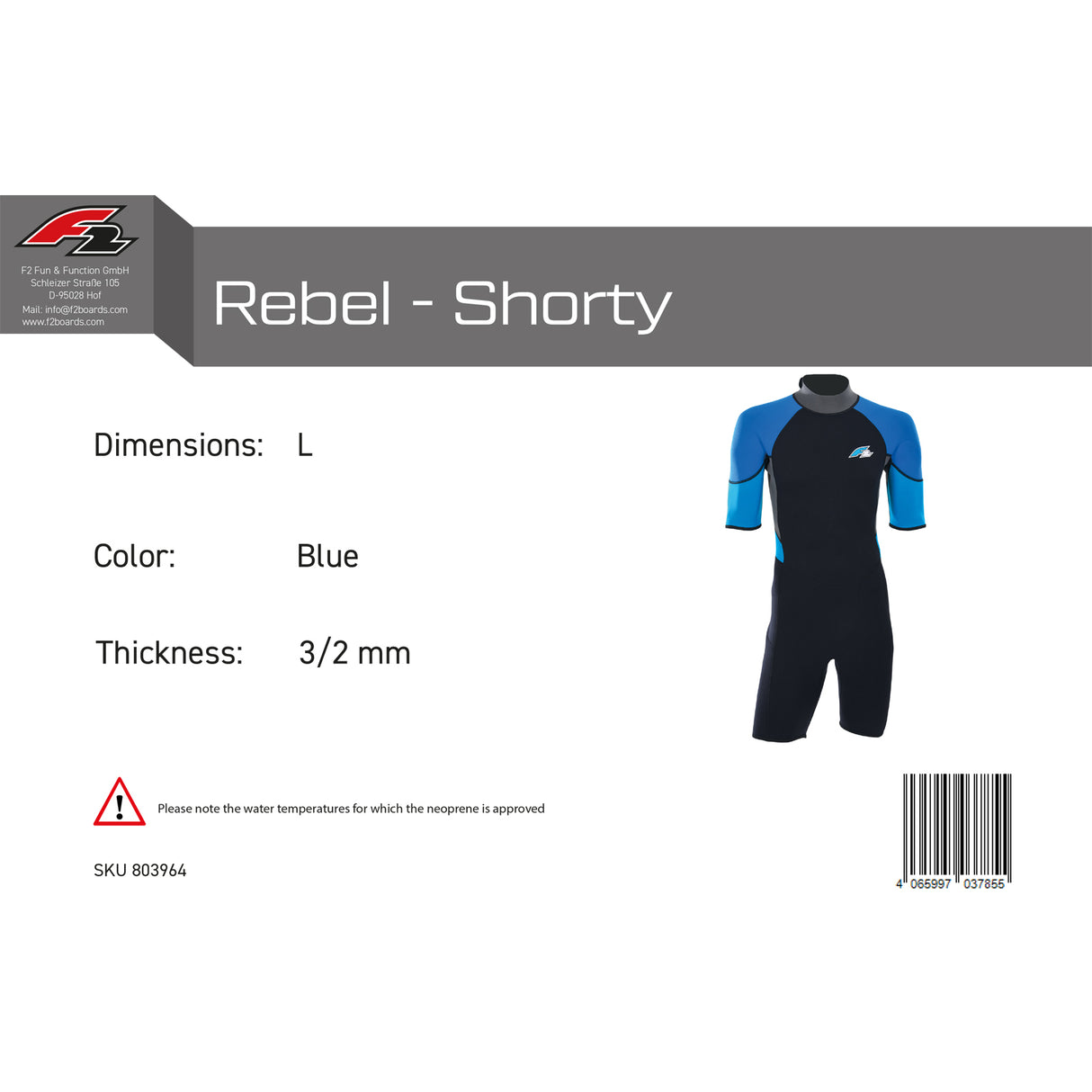 F2 Herren Neopren Anzug Rebel - Shorty 3/2 mm Farbe/Größe wählbar