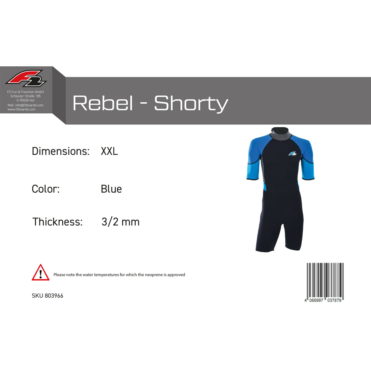 F2 Herren Neopren Anzug Rebel - Shorty 3/2 mm Farbe/Größe wählbar