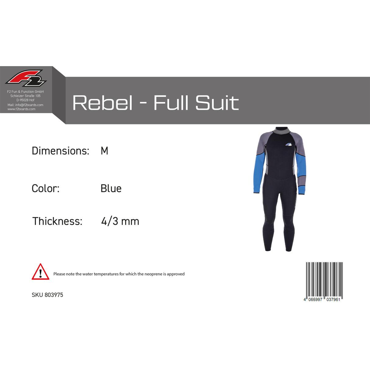 F2 Herren Neopren Anzug Rebel - Full Suit 4/3 mm Farbe/Größe wählbar