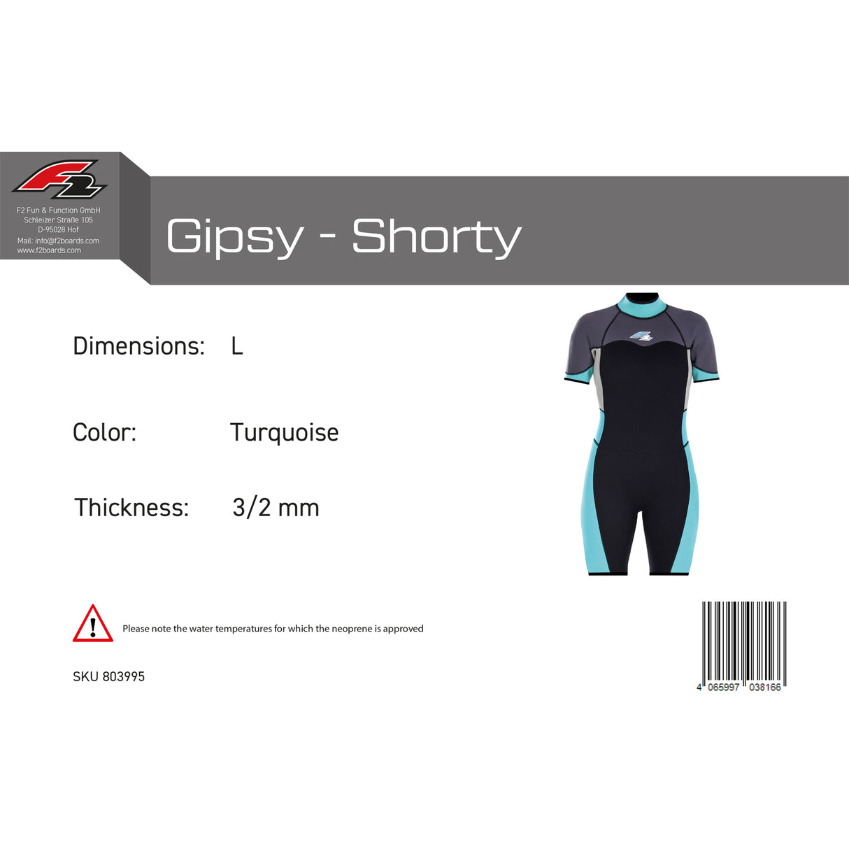 F2 Damen Neopren Anzug Gipsy - Shorty 3/2 mm Farbe/Größe wählbar