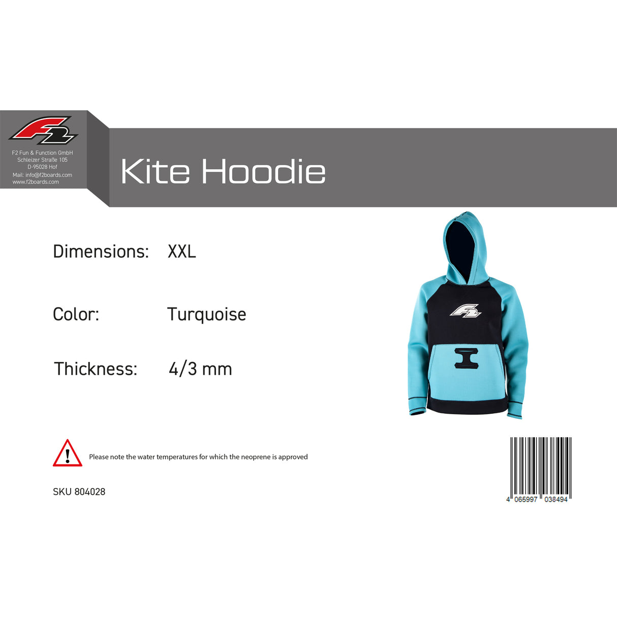 F2 Neopren Oberteil Kite Hoodie 4/3mm Farbe/Größe wählbar