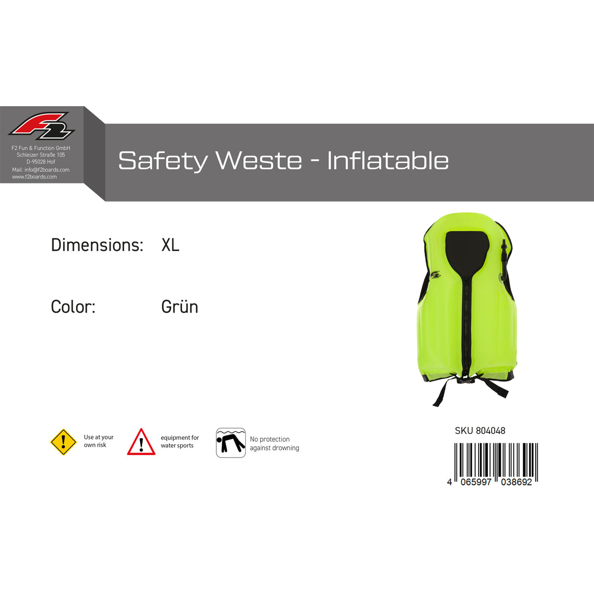 F2 Auftriebsweste Safety Weste - Inflatable Farbe/Größe wählbar