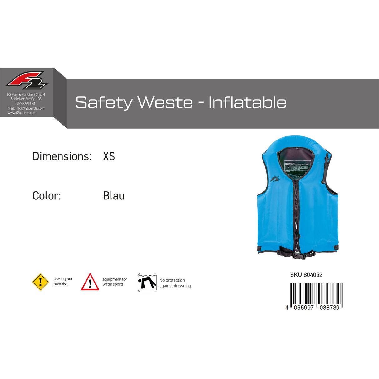 F2 Auftriebsweste Safety Weste - Inflatable Farbe/Größe wählbar