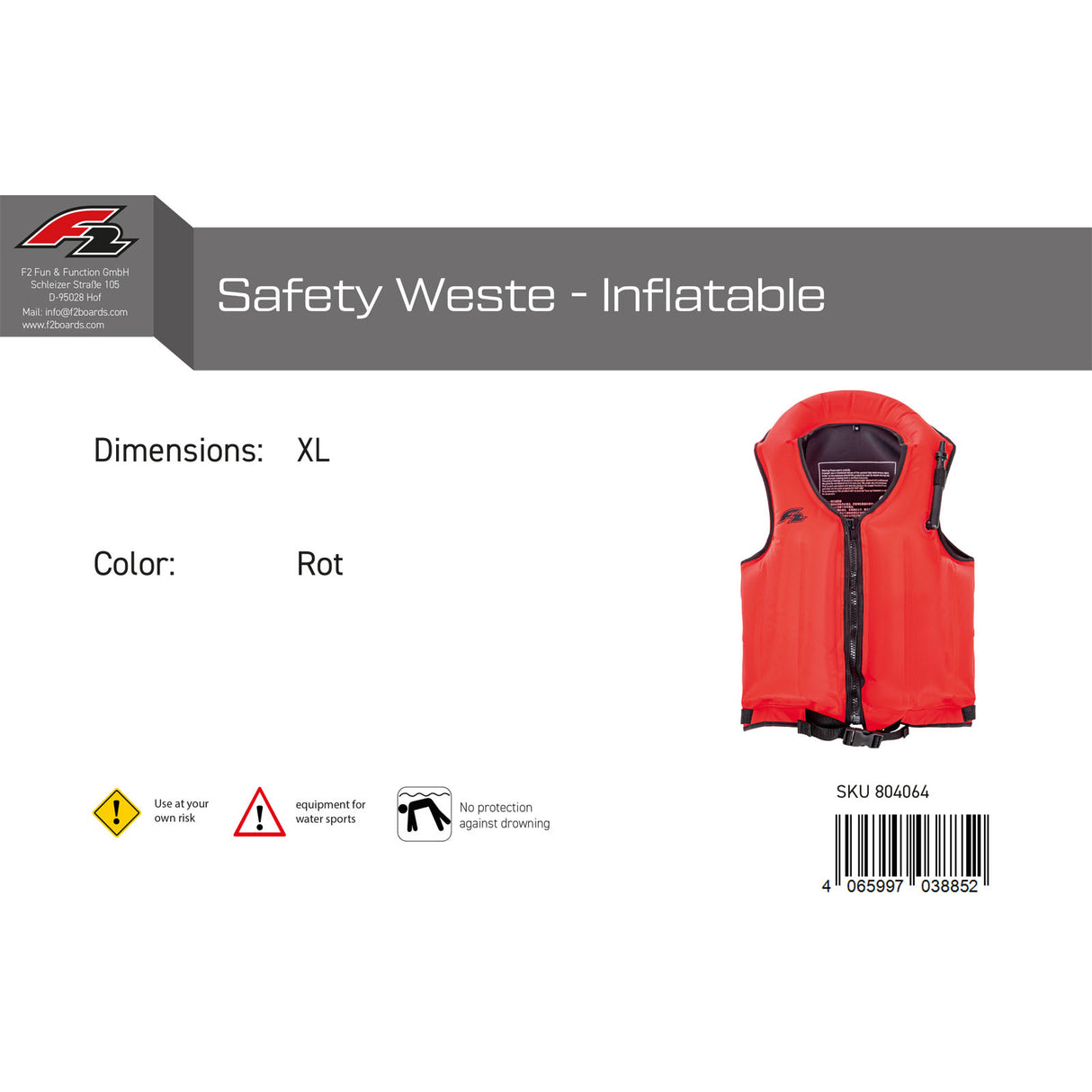 F2 Auftriebsweste Safety Weste - Inflatable Farbe/Größe wählbar