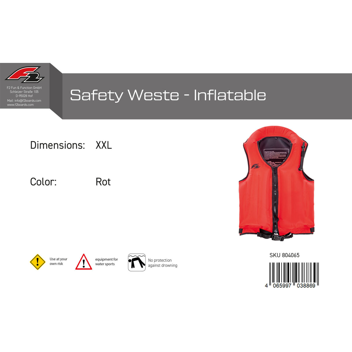 F2 Auftriebsweste Safety Weste - Inflatable Farbe/Größe wählbar