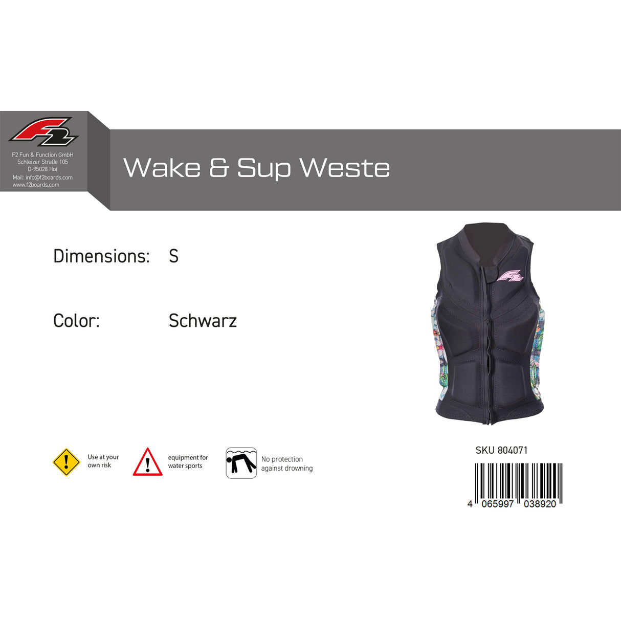 F2 Damen Prallschutz Weste Wake & Sup Weste S-XXL Größe wählbar Schwarz