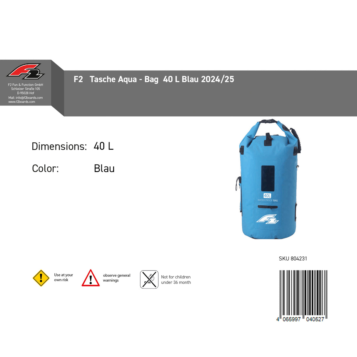 F2 Tasche Aqua - Bag 40L Schwarz/Blau Farbe wählbar