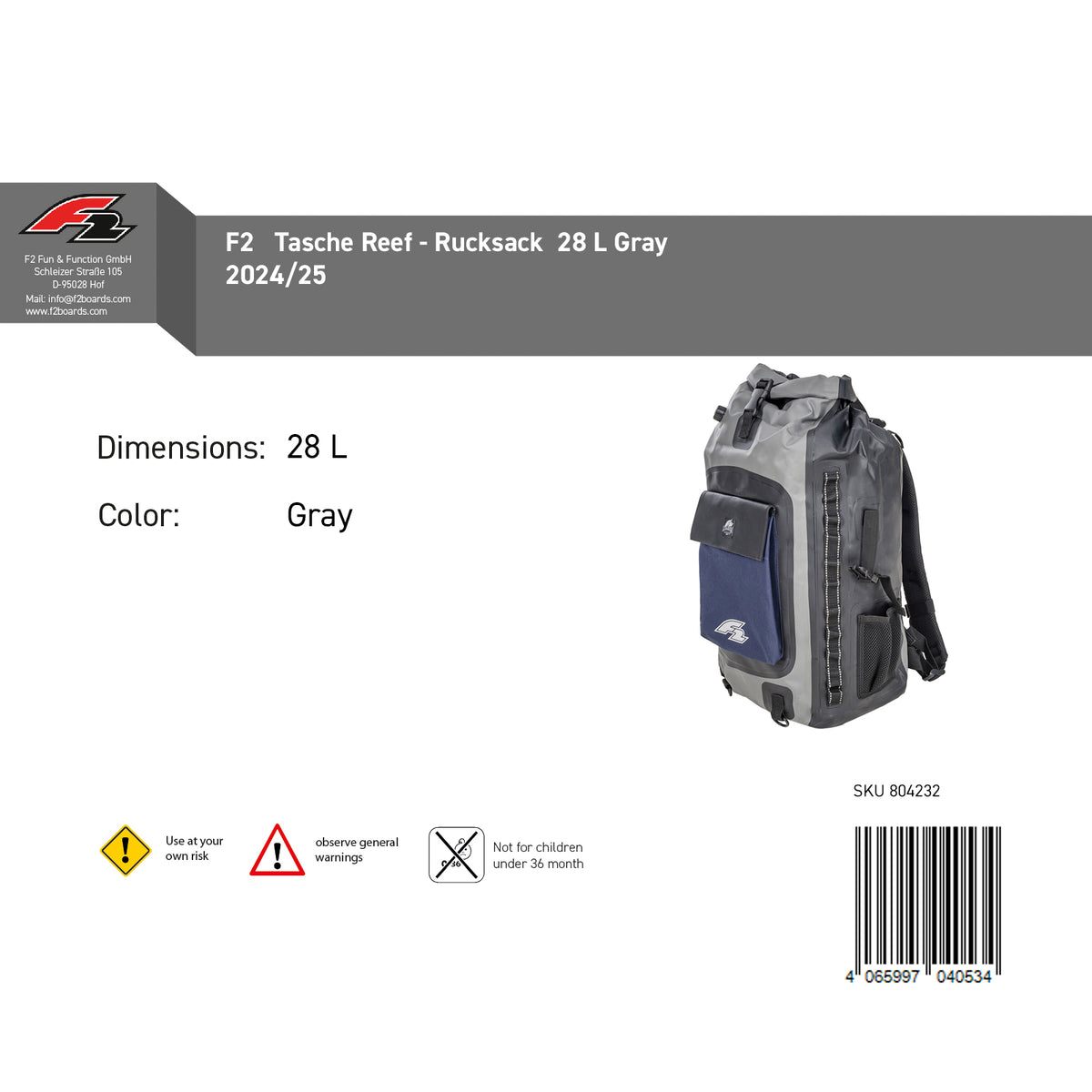 F2 Tasche Reef - Rucksack 28 L Gray