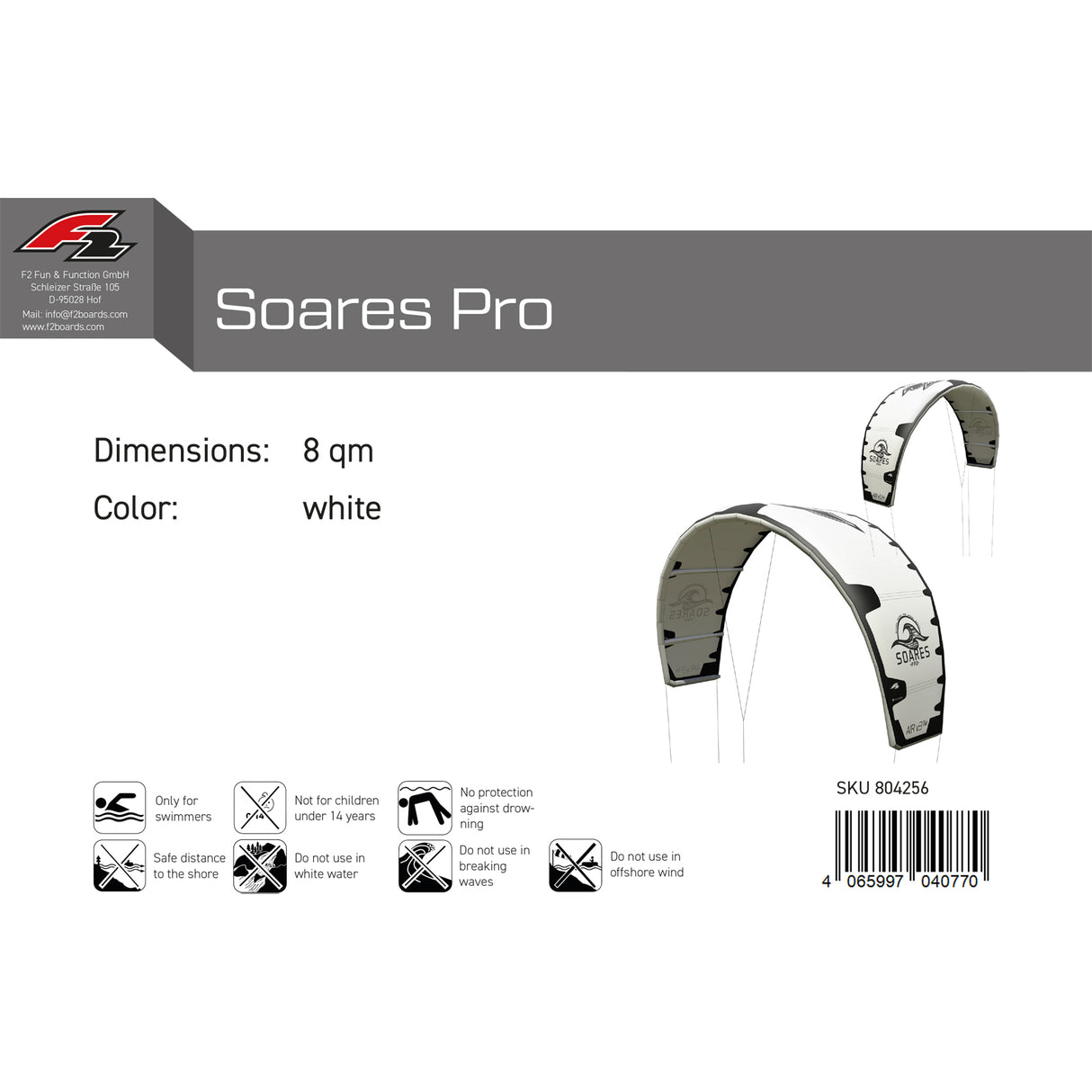 F2 Kite Soares Pro 8-13qm Größe wählbar Weiss