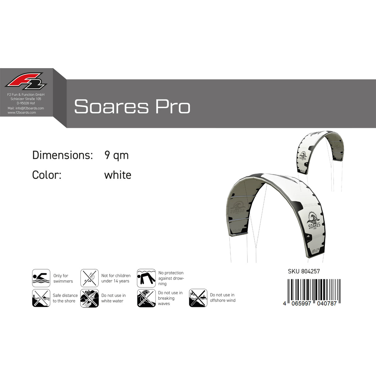 F2 Kite Soares Pro 8-13qm Größe wählbar Weiss