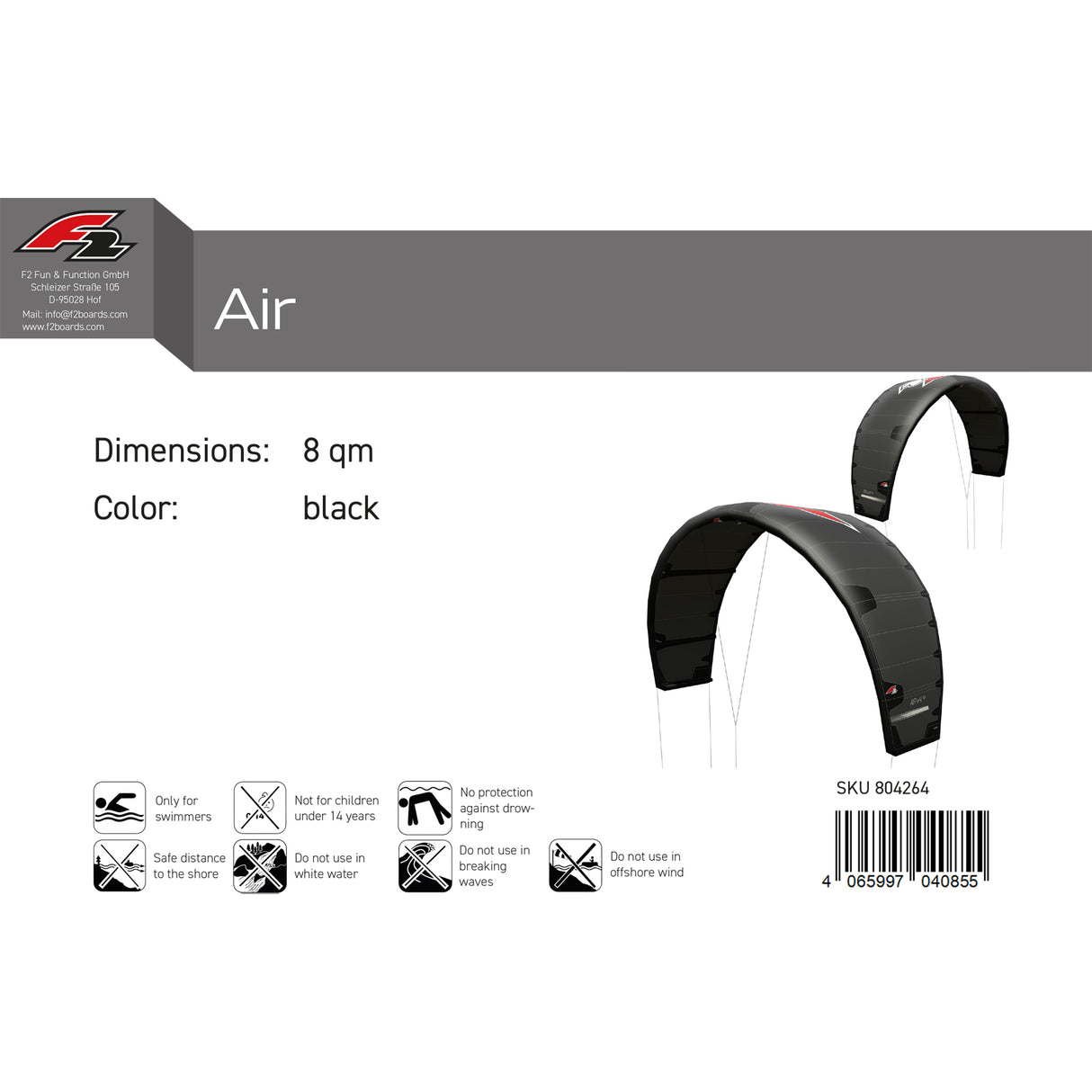 F2 Kite Air V4 8-13qm Größe wählbar Schwarz