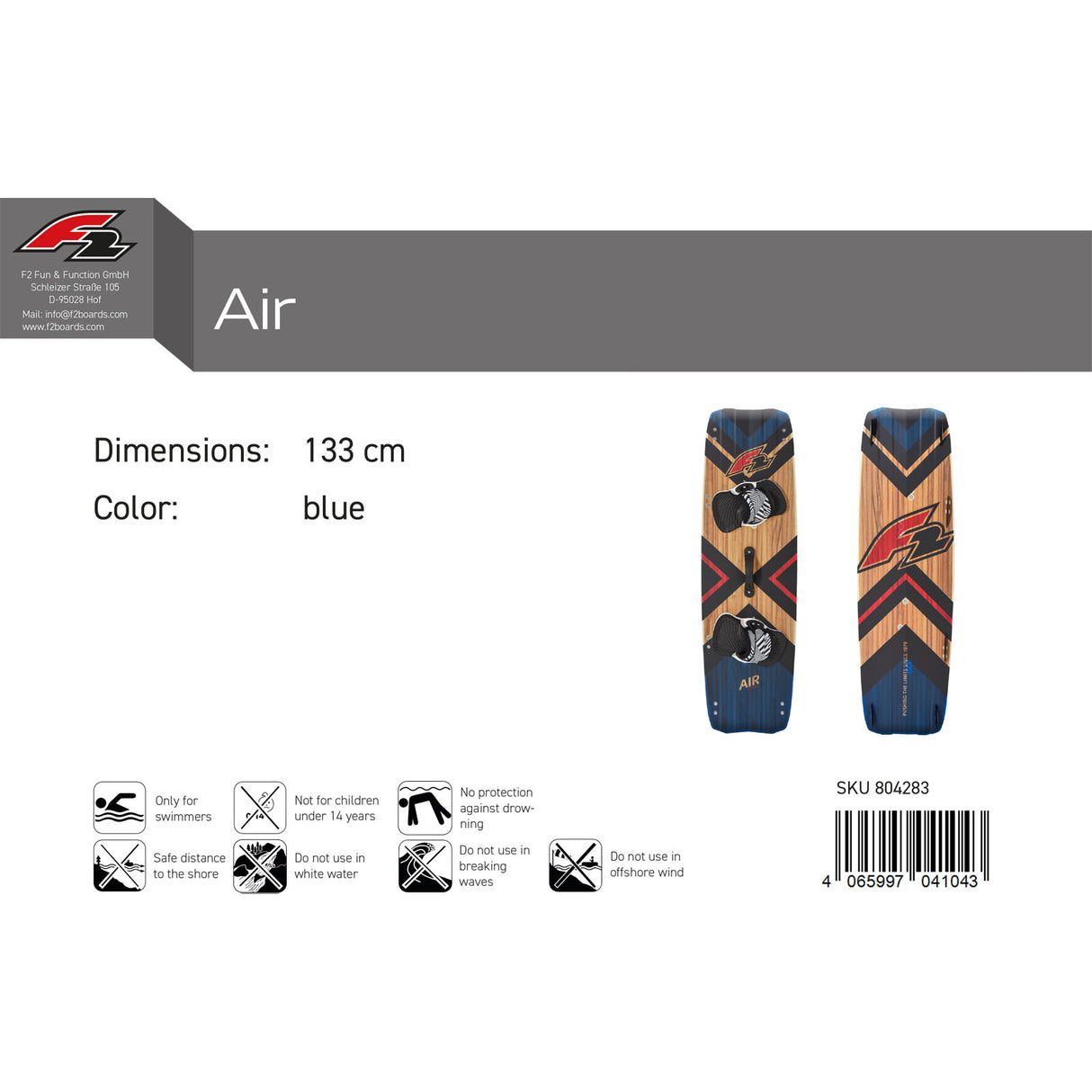 F2 Kiteboard Air Wood 133-142cm Größe wählbar Blau