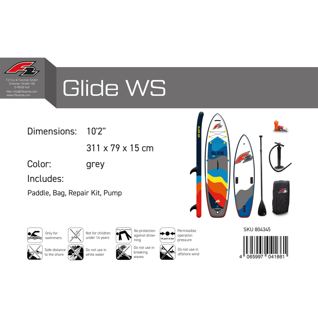 F2 SUP Stand Up Paddle Board Glide WS 10'2''/10'8"/11'7" wählbar Grau