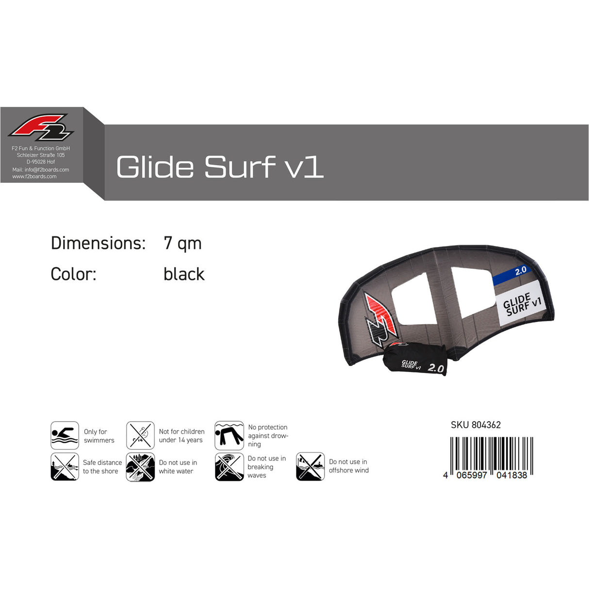 F2 Wing Glide Surf v1 Stiff Handle 2-7qm Größe wählbar Schwarz
