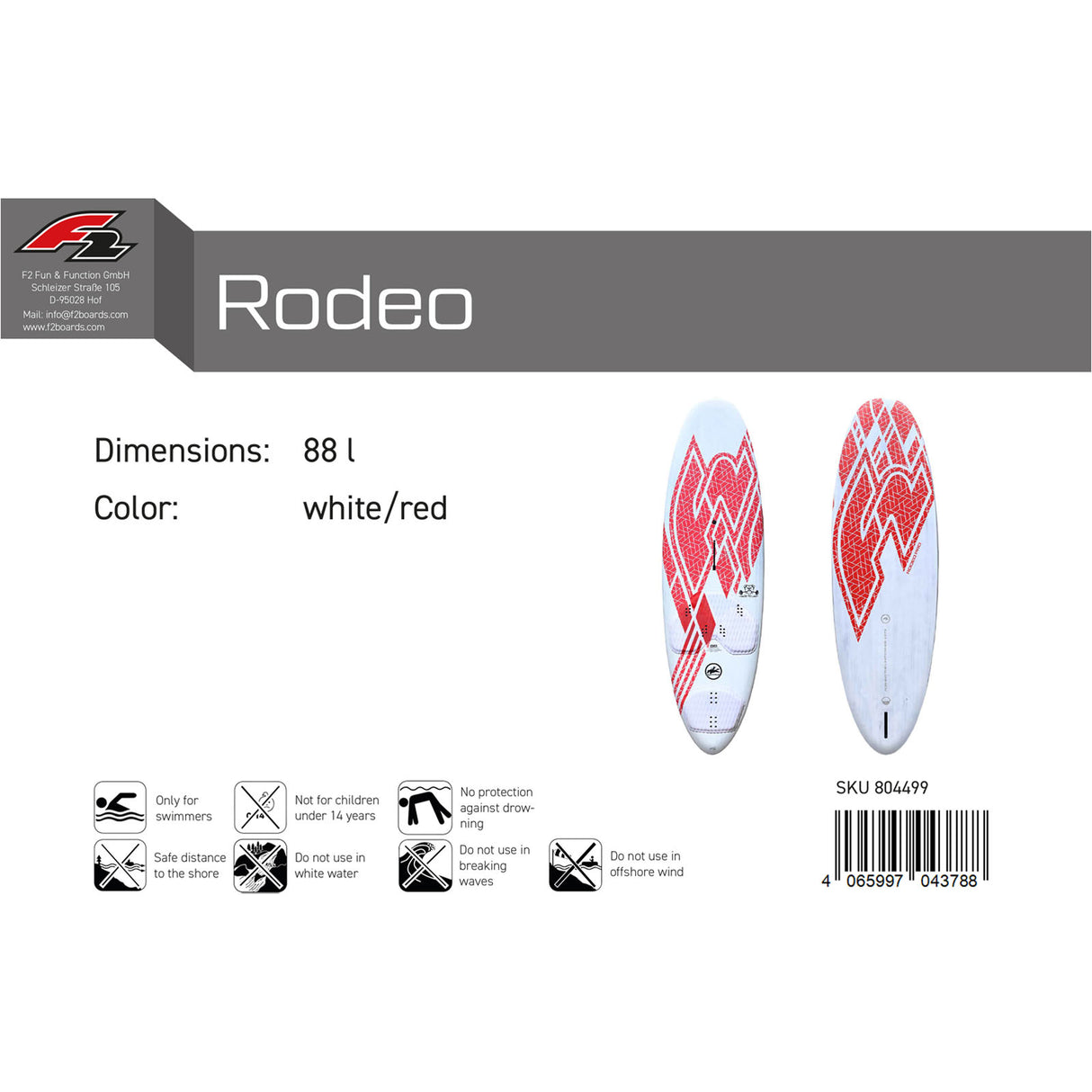 F2 Windsurfboard Rodeo Pro 80-104L Größe wählbar Weiss/Rot