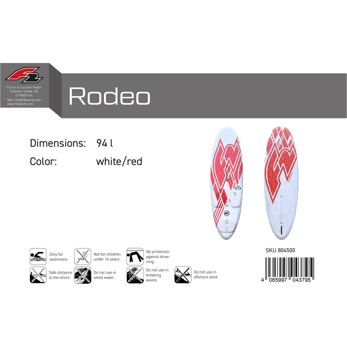 F2 Windsurfboard Rodeo Pro 80-104L Größe wählbar Weiss/Rot