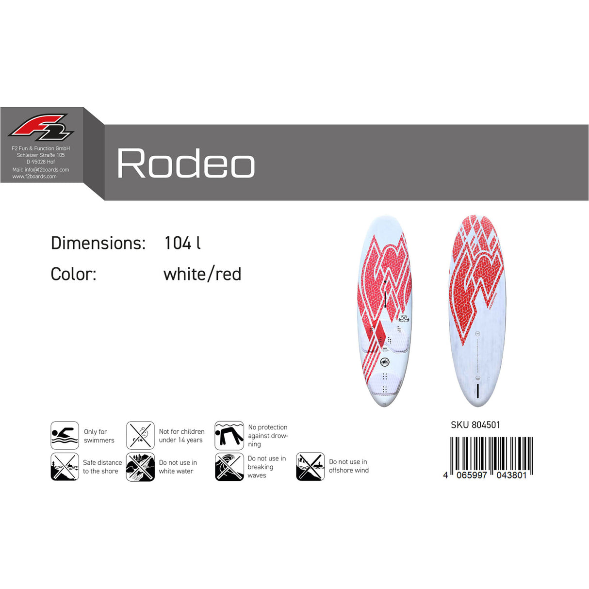 F2 Windsurfboard Rodeo Pro 80-104L Größe wählbar Weiss/Rot