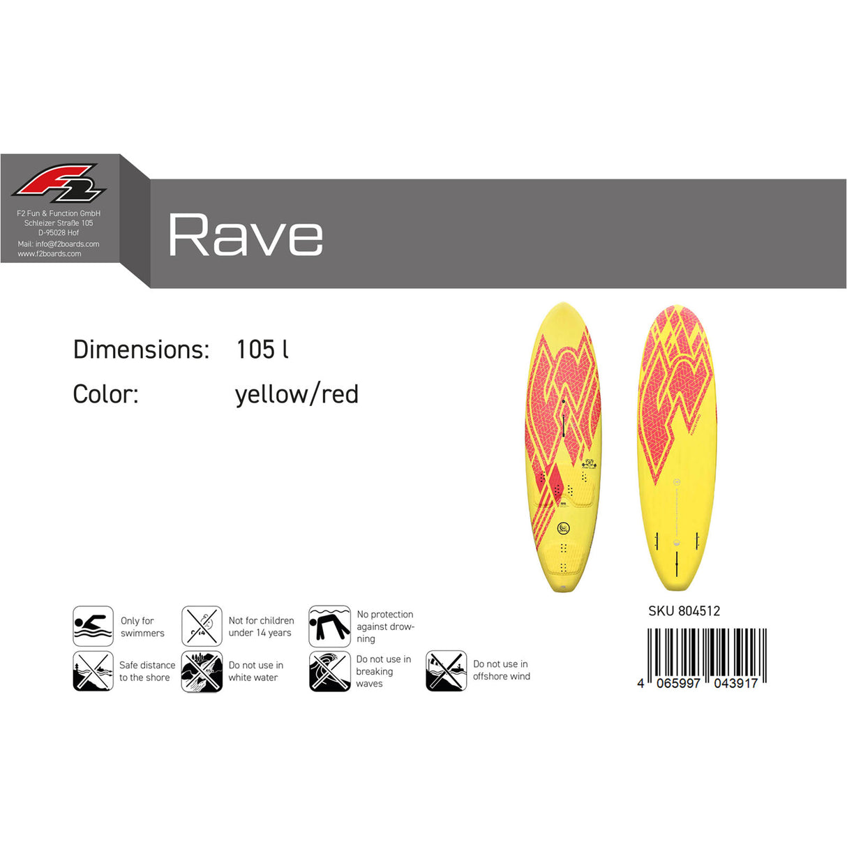 F2 Windsurfboard Rave Pro 90-110L Größe wählbar Gelb/Rot