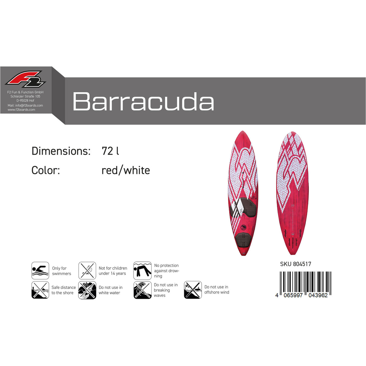F2 Windsurfboard Barracuda HD 72-88L Größe wählbar Rot/Weiss