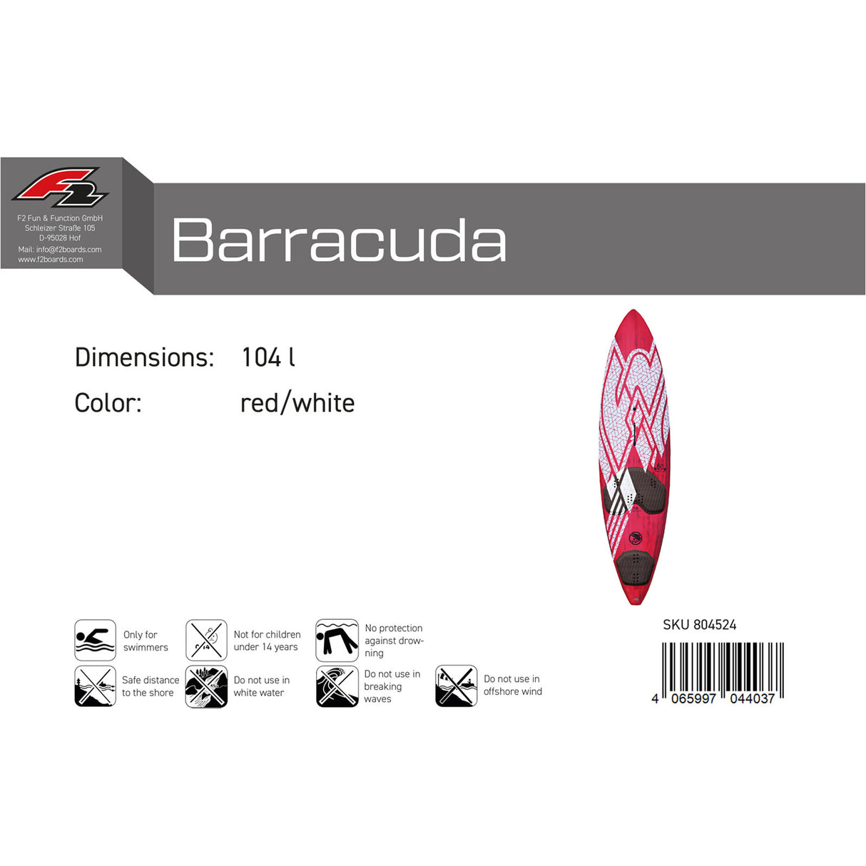 F2 Windsurfboard Barracuda Pro 94-104L Größe wählbar Rot/Weiss
