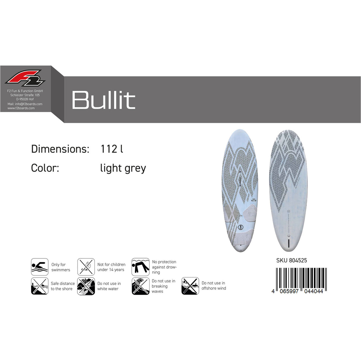 F2 Windsurfboard Bullit Pro 102-142L Größe wählbar Grau