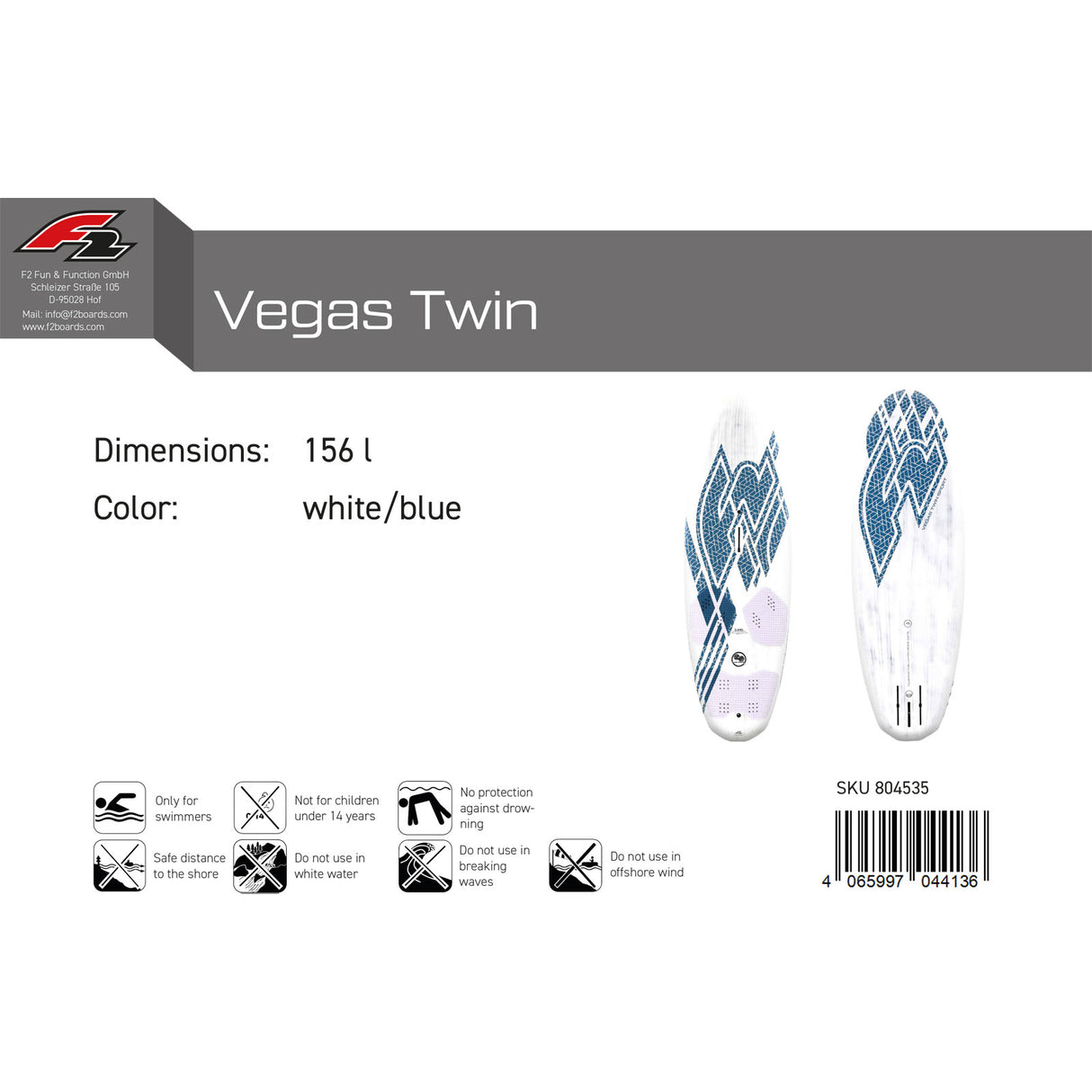 F2 Windsurfboard Vegas Twin Sport 126-156L Größe wählbar Weiss/Blau