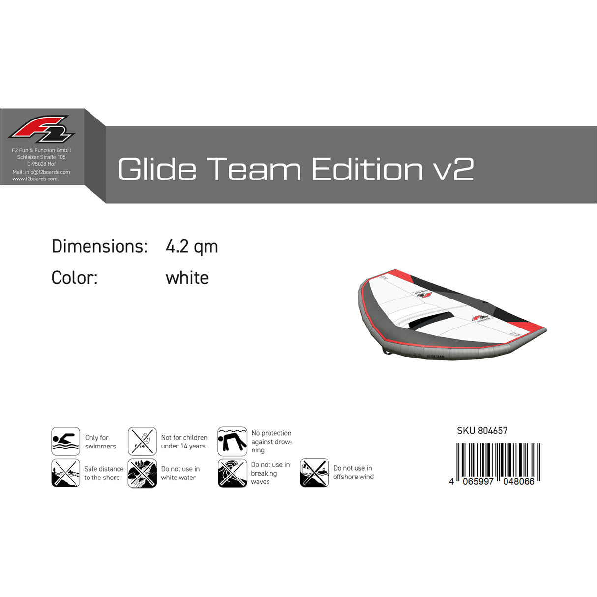 F2 Wing Glide Team Edition Carbon Handle 3,5-7,5qm wählbar Weiss/Grau
