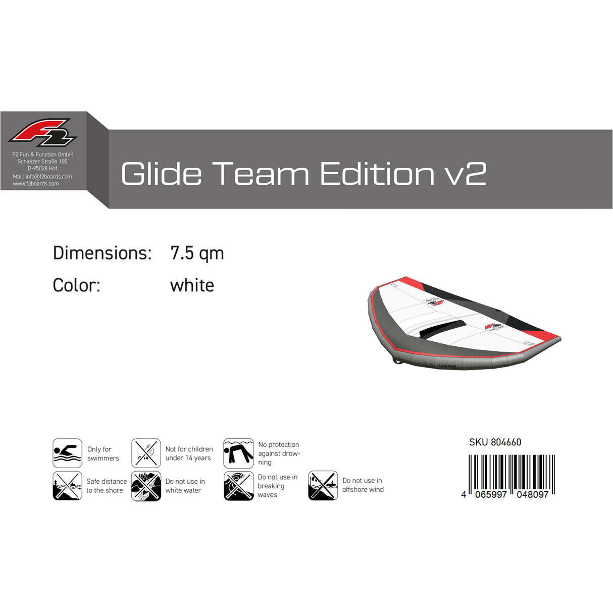 F2 Wing Glide Team Edition Carbon Handle 3,5-7,5qm wählbar Weiss/Grau