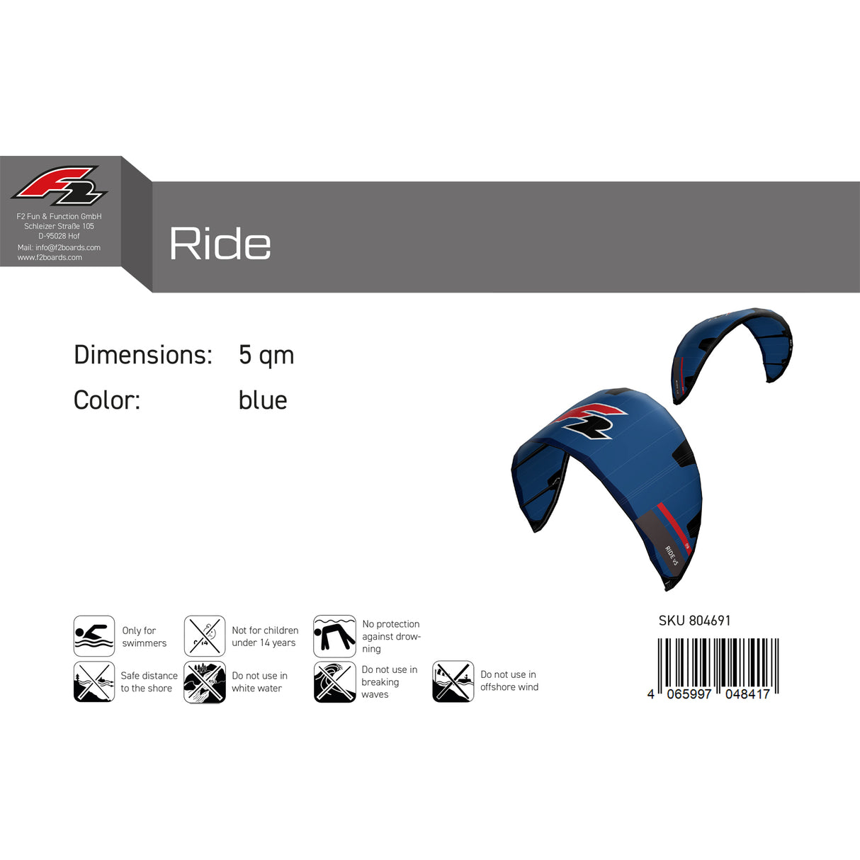 F2 Kite Ride V5 Größe/Farbe wählbar