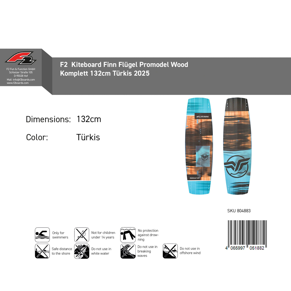F2 Kiteboard Finn Flügel Promodel Wood Komplett Größe wählbar Türkis