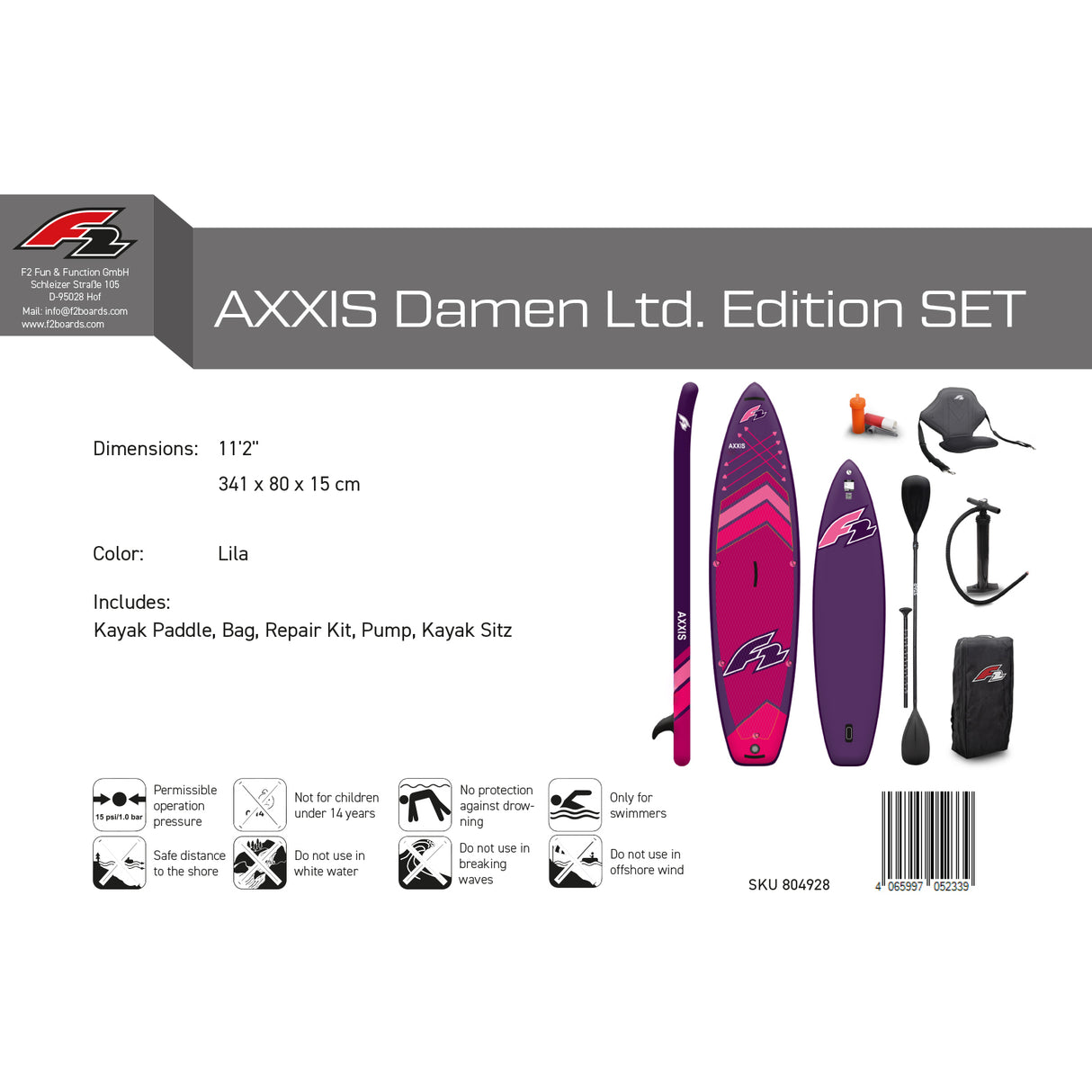 F2 Stand Up Paddle Board AXXIS - Damen SUP Größe wählbar Pink