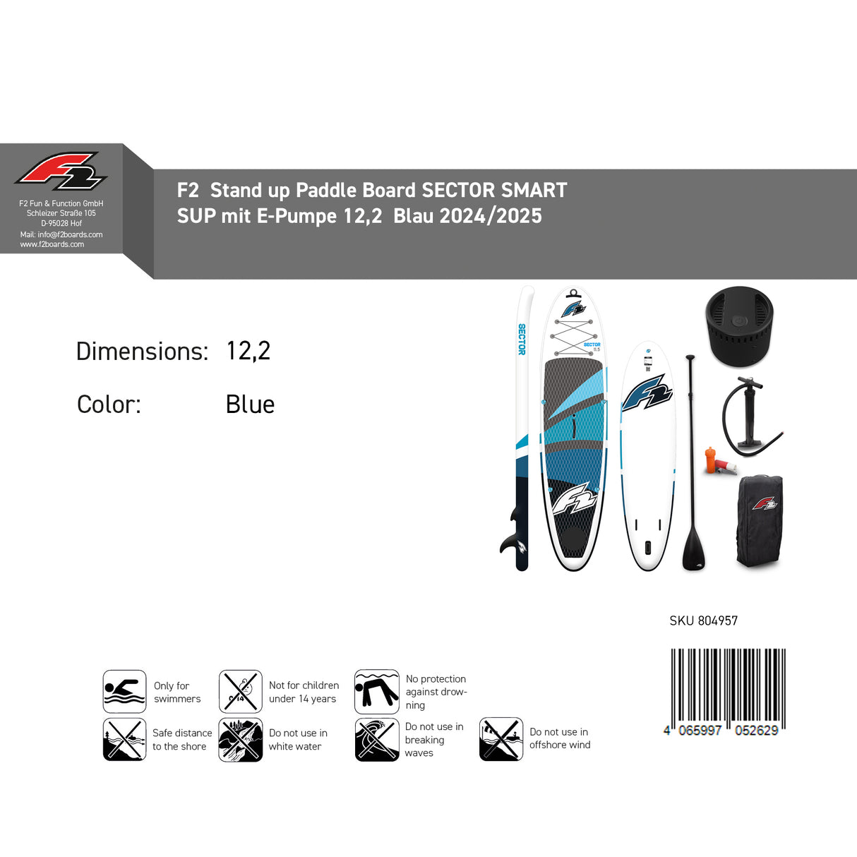 F2 Stand Up Paddle Board SECTOR SMART SUP mit E-Pumpe Größe wählbar Blau