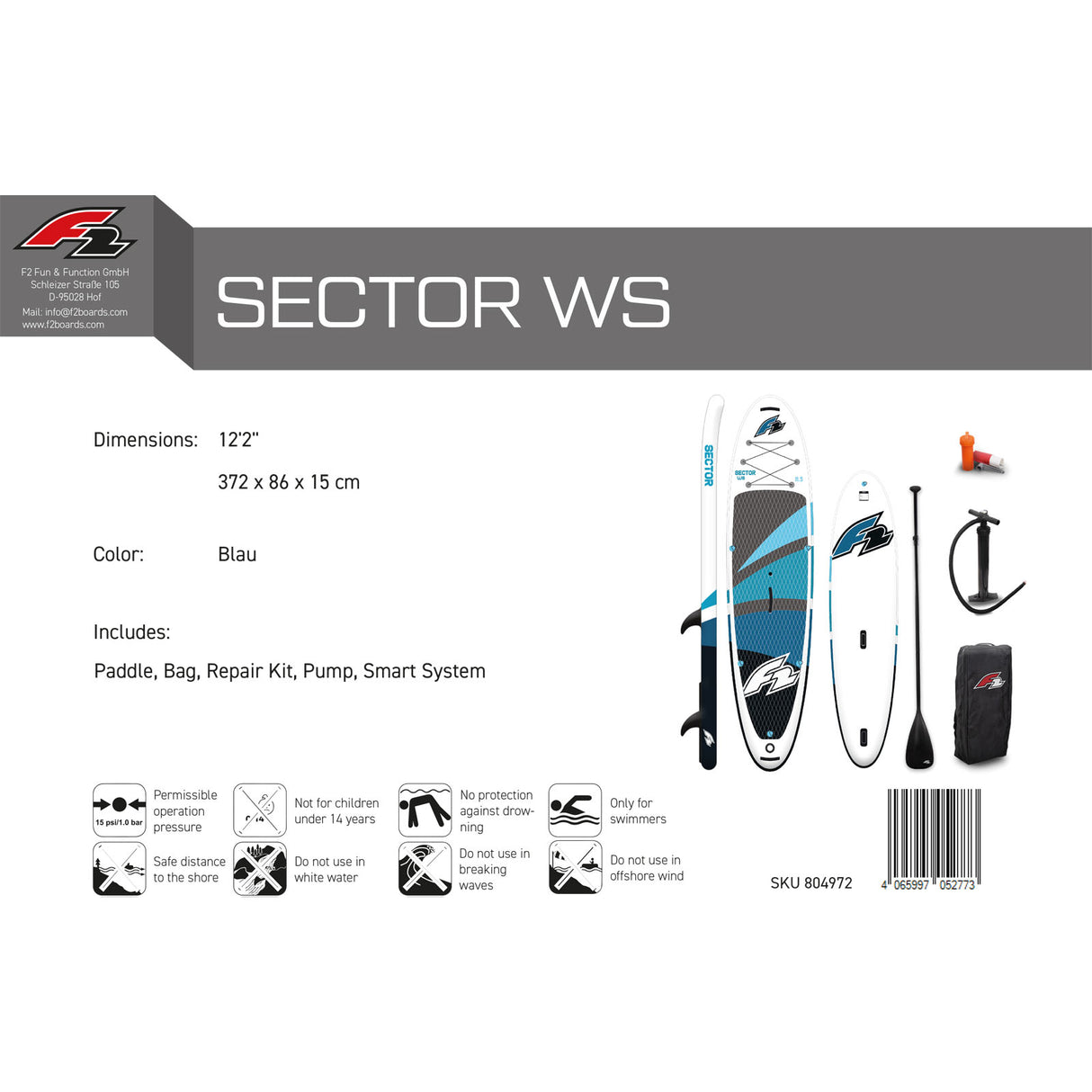 F2 Stand Up Paddle Board SECTOR WS Windsurf SUP Größe wählbar Blau