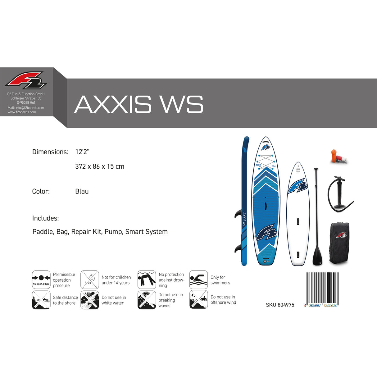 F2 Stand Up Paddle Board AXXIS WS Windsurf SUP Größe wählbar Blau