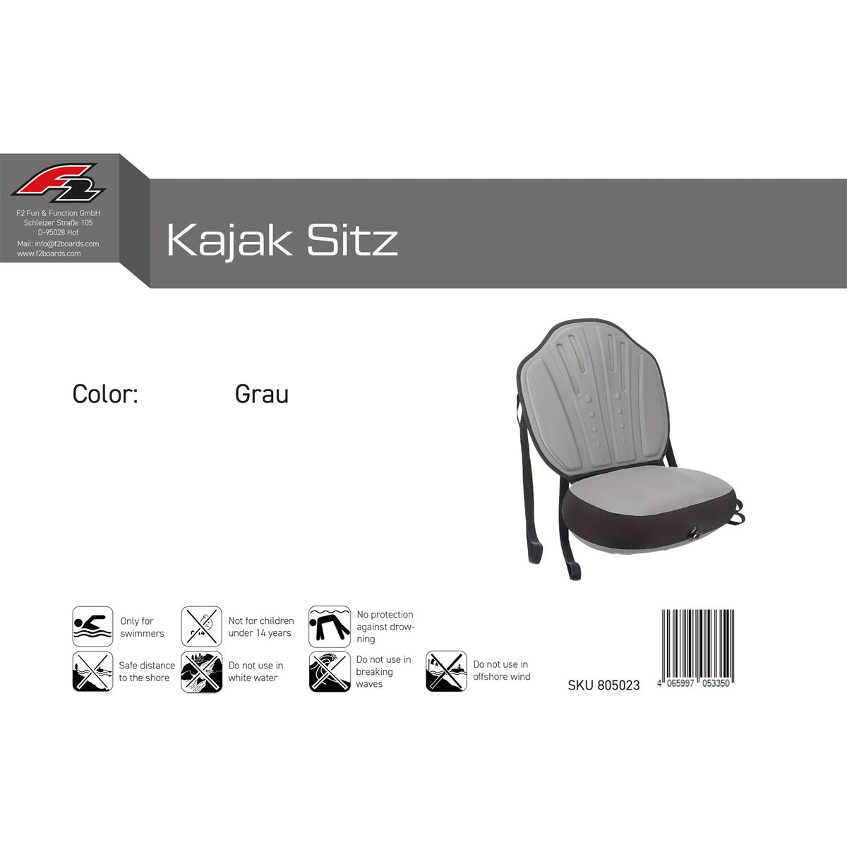 F2 Kajaksitz Kajak Sitz SUP Sitz Schwarz
